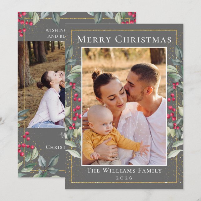 Cartão De Festividades Dourado Natal Cinéreo Holly Berries 2 Foto (Frente/Verso)
