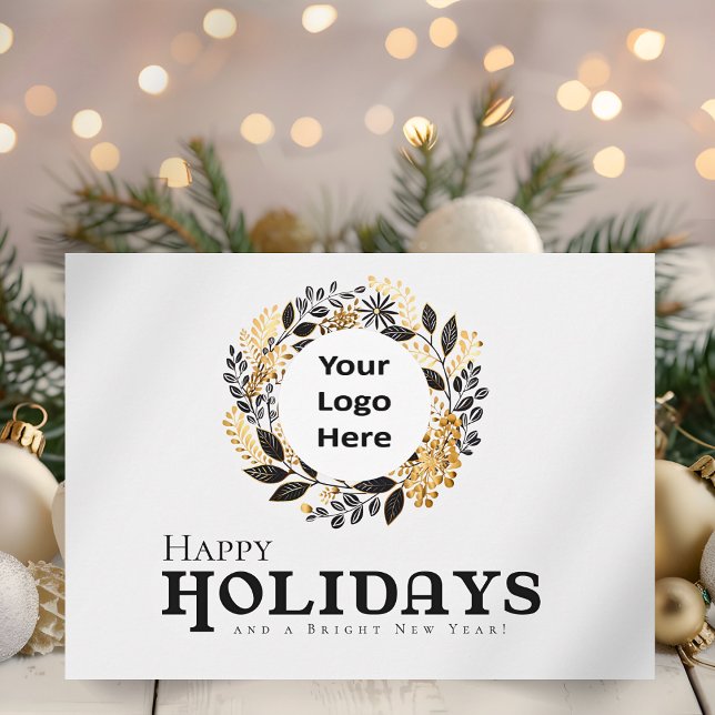 Cartão De Festividades Dourado Natal feliz (Black and Gold Wreath Happy Holidays Corporate Business Holiday Card for Customers and Employees)