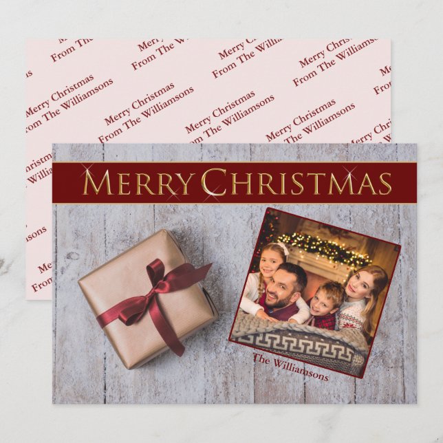 Cartão De Festividades Dourado Natal Presente em Foto do Deck de Neve (Frente/Verso)