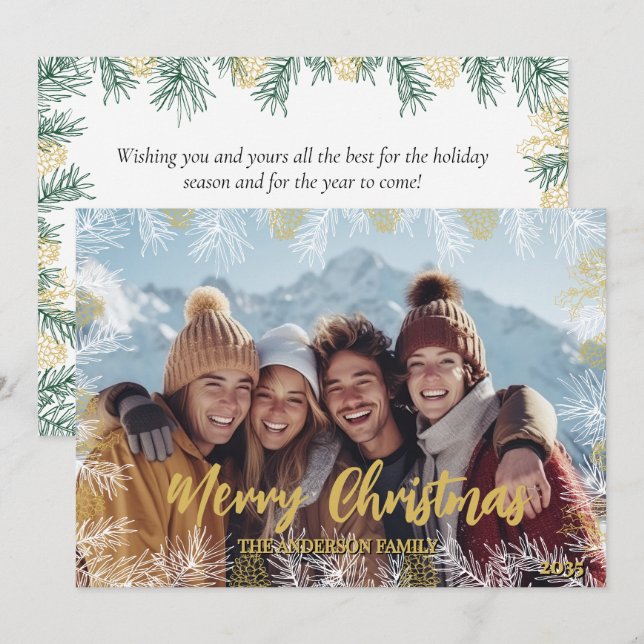 Cartão De Festividades Dourado Natal Verde - Moderna Foto Botânica (Frente/Verso)