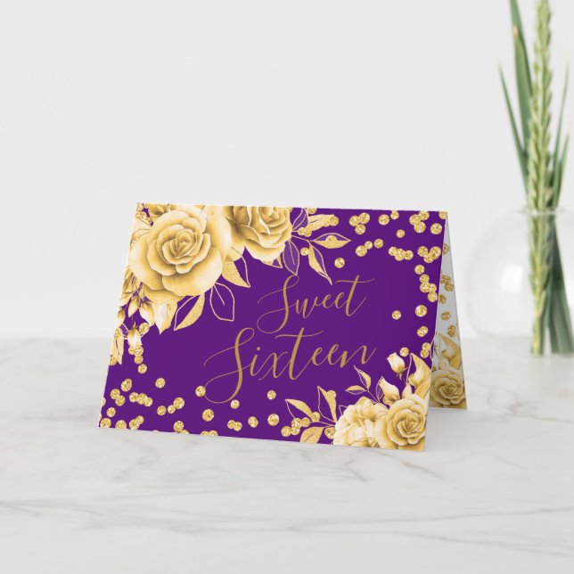 Cartão De Festividades Dourado Purple Sweet 16 Glitter Confetti Floral (Frente)