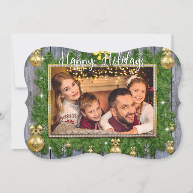 Cartão De Festividades Dourado Quadro Pine Boughs Rico Trim Christmas Pho (Frente)