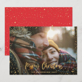 Cartão De Festividades Dourado roteiro feliz estrelas de Natal 1 foto-ele