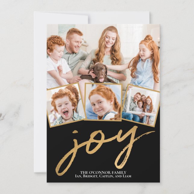 Cartão De Festividades Dourado Script de Foto Simples Joy 5 Preto (Frente)