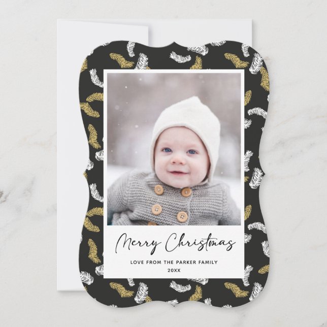 Cartão De Festividades Dourado Script Negro Moderno, Pine Mistletoe Natal (Frente)