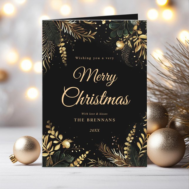 Cartão De Festividades Dourado Verde Negro Moderno Natal Elegante (Black Gold Greenery Modern Elegant Christmas Holiday Card)