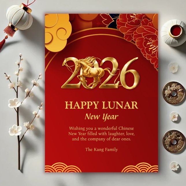 Cartão De Festividades Dourado Vermelho Moderno 2026 Cavalo Chinês Lunar  (Red Gold Modern 2026 Horse Chinese Lunar New Year Holiday Card)