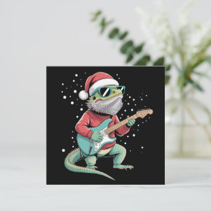 Cartão De Festividades Dragão Barbudo de Natal Tocando Guitarra Músico 