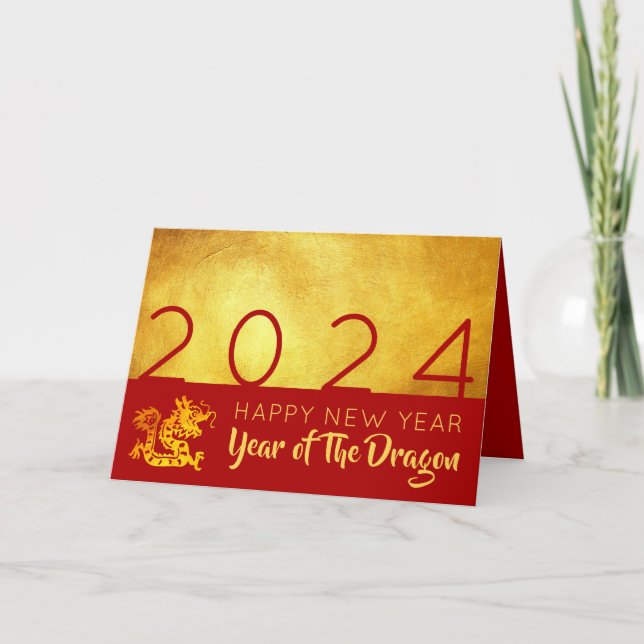 Cartão De Festividades Dragão de Ano Novo chinês 2024 Dourado vermelho HG (Frente)