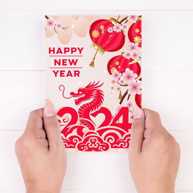 Cartão De Festividades Dragão de Ano Novo Chinês 2024 Lunar Ano Novo Rosa (Chinese New Year 2024)