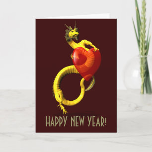 Cartão De Festividades Dragão ouro Com Grande Coração Vermelho