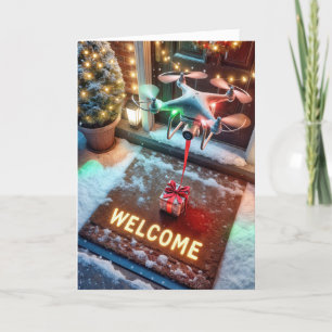 Cartão De Festividades Drone de Natal entregando um presente