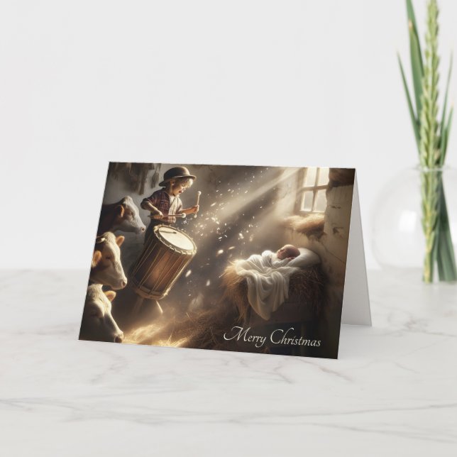 Cartão De Festividades Drummer Boy em um celeiro estável (Frente)