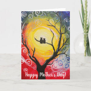 Cartão De Festividades Duas corujas numa árvore sob um céu mágico Dia 