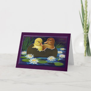 Cartão De Festividades Ducklings in Eggshell Boat with Water Lilies