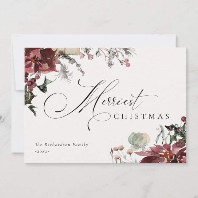 Cartão De Festividades Dusky Red Poinsettia Floral Feliz Natal (Frente)