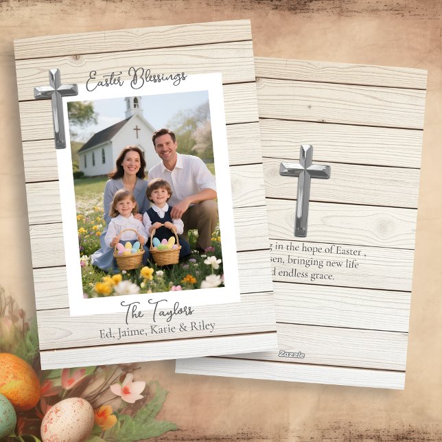 Cartão De Festividades Easter Blessings Rustic Wood Personalized Photo    (Criador carregado)