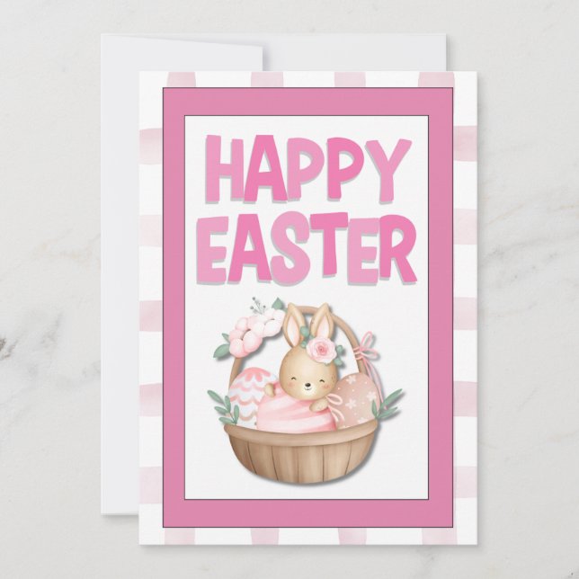 Cartão De Festividades Easter Bunny Basket & Pink Plaid (Frente)