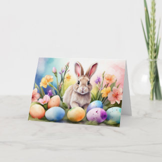 Cartão De Festividades Easter Bunny with Spring Flowers, Painted Eggs