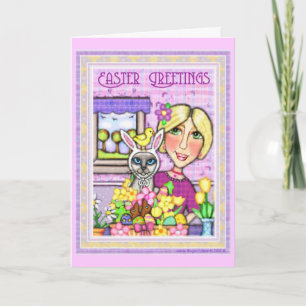 Cartão De Festividades Easter Cat in Basket & Lady Greeting Card