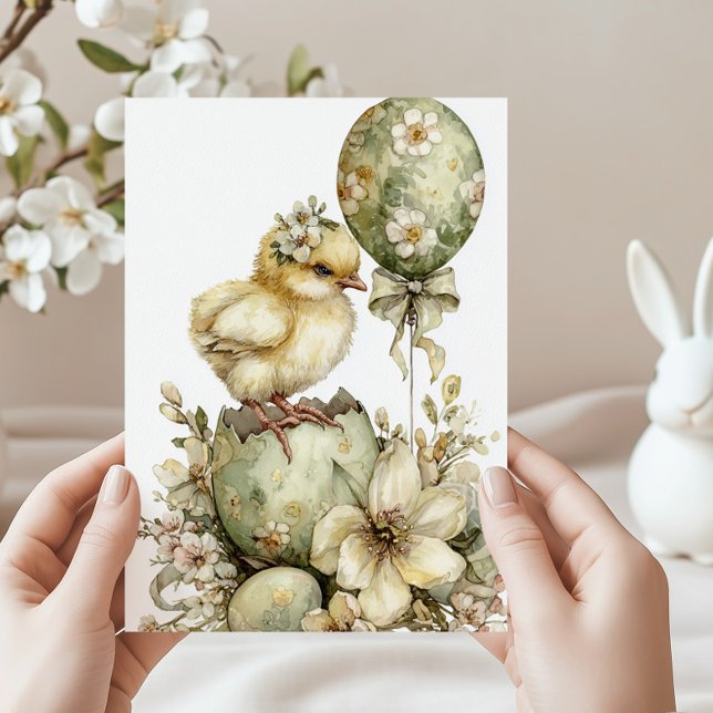 Cartão De Festividades Easter Chick Spring Floral Watercolor Sage Green (Criador carregado)