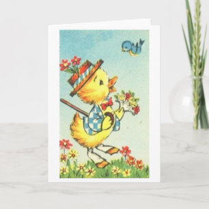Cartão De Festividades Easter Chick with Bluebird! Retro Easter Card