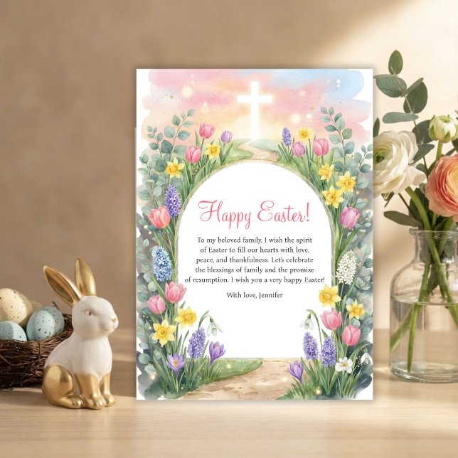 Cartão De Festividades Easter Christian Blessings Cross Spring Flowers (Happy Easter Christian Blessings Personalized Easter Card)