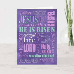 Cartão De Festividades Easter Christian Word Collage, Purple and Blue