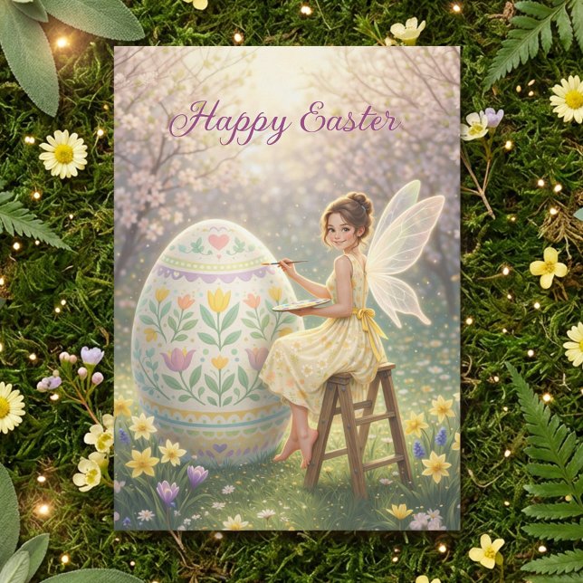 Cartão De Festividades Easter Fairy Painting Egg Spring (Criador carregado)