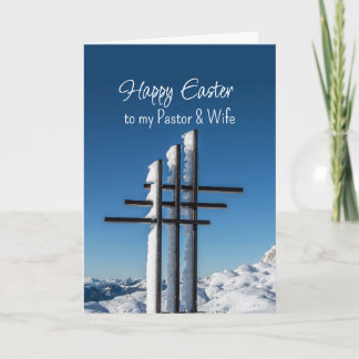 Cartão De Festividades Easter Pastor Wife Crosses on Snow Covered Hill