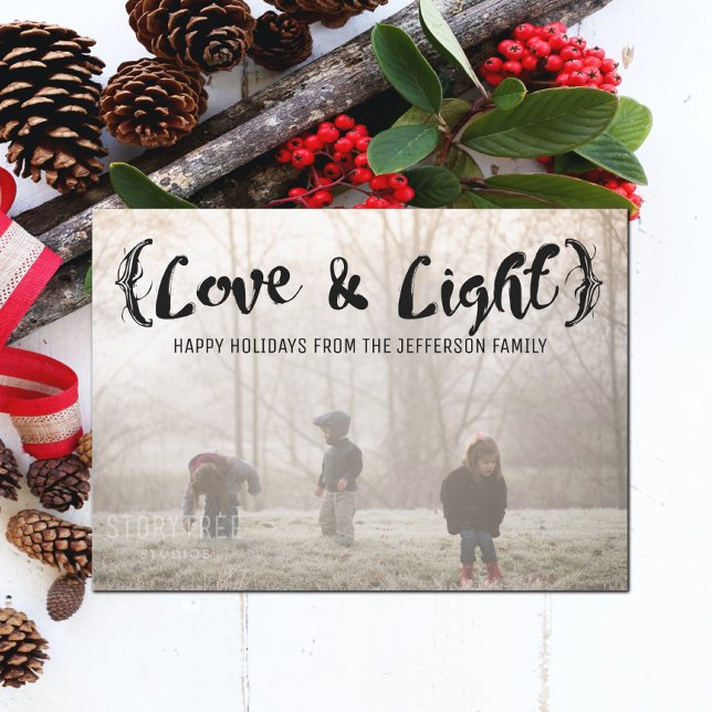Cartão De Festividades Ebony Elegant Sketch Love & Light Holiday Photo (Ebony Elegant Sketched Love and Light Holiday Photo Card)