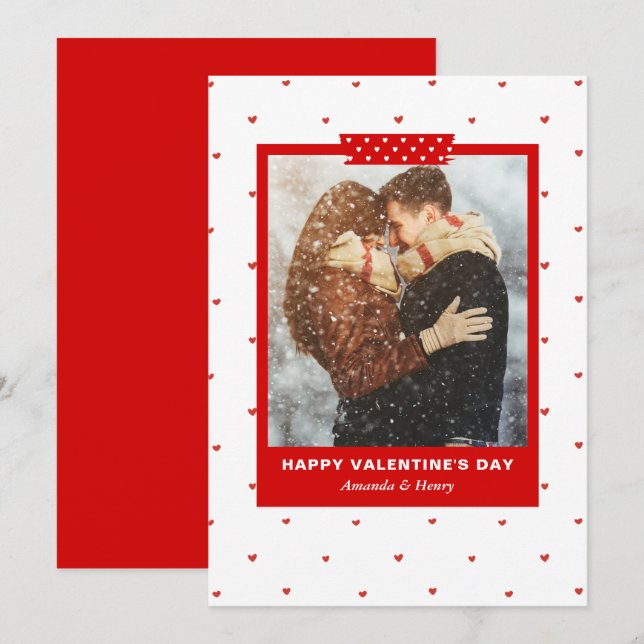 Cartão De Festividades Editable Modern Simple Hearts Photo Valentines Day (Frente/Verso)
