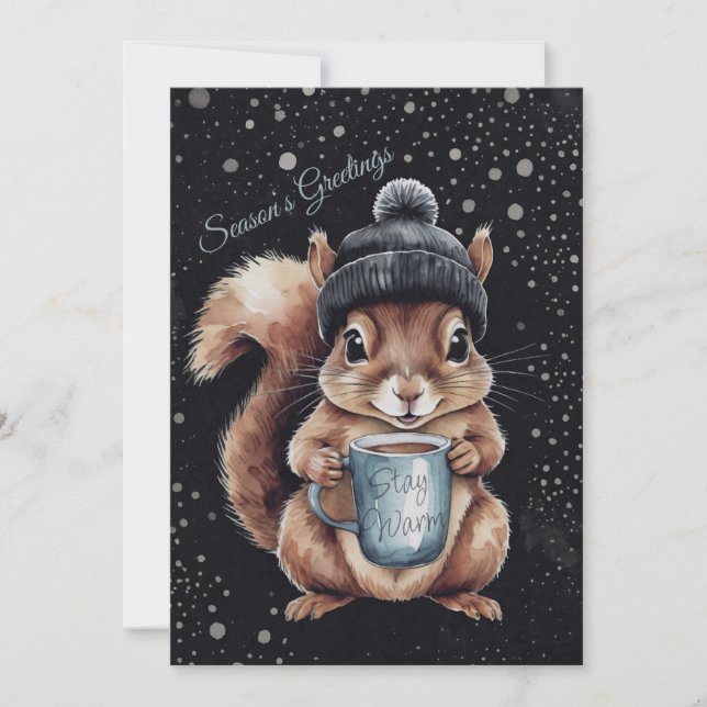 Cartão De Festividades Eichhörnchen mit Tasse und Schnee „Stay Warm“  (Frente)