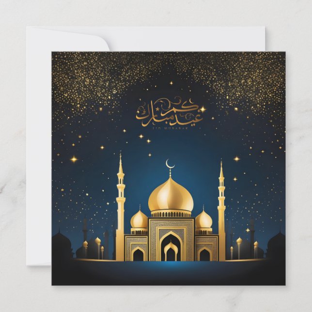 Cartão De Festividades Eid al Fitr Mubarak Crescent Stars Azul Dourado (Frente)