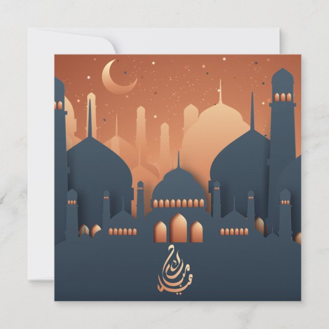 Cartão De Festividades Eid Mubarak Crescent Mesquita Goldrose Blue (Frente)