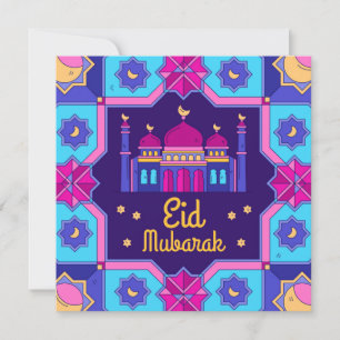 Cartão De Festividades Eid Mubarak Crescent Stars Cor de Água Azul Rosa