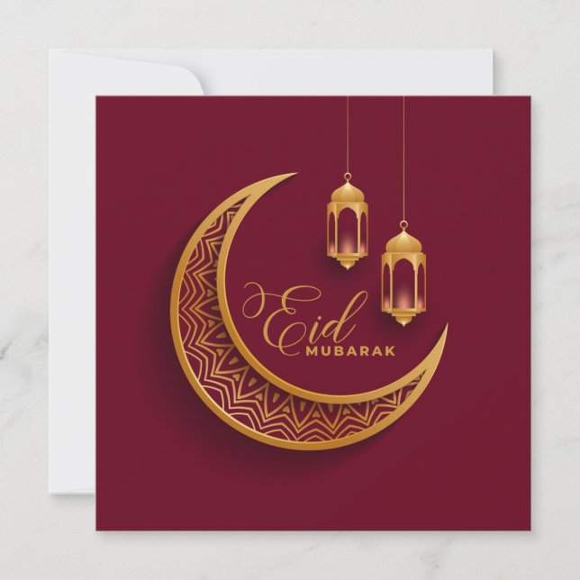 Cartão De Festividades Eid Mubarak Crescente Dourado Lanterna Islâmica Ve (Frente)