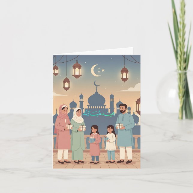 Cartão De Festividades Eid Mubarak Family Celebration Pastel Mosque Card (Frente)
