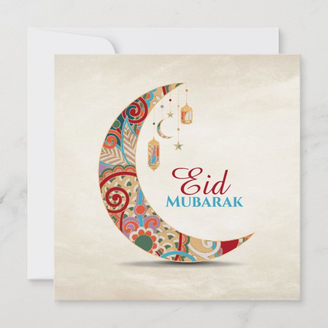 Cartão De Festividades Eid Mubarak - Feliz Eid - Crescente Colorida (Frente)