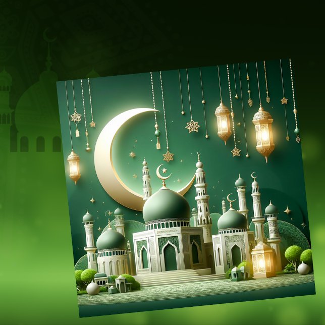Cartão De Festividades Eid Mubarak Lanterna Islâmica Verde Crescente (Criador carregado)