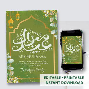 Cartão De Festividades Eid Mubarak Moderno com Moldura Dourada e Aquarela