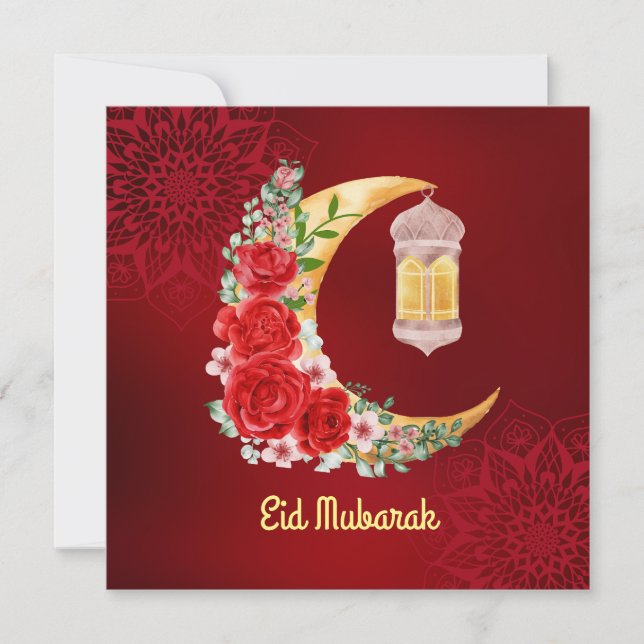 Cartão De Festividades Eid Mubarak | Ramadan Kareem Cresent Floral Moon (Frente)