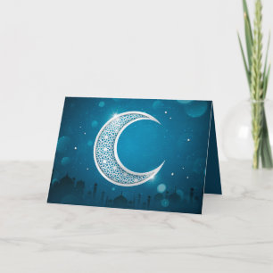 Cartão De Festividades Eid Mubarak Shinnnning Moon Mosque Star White Blue