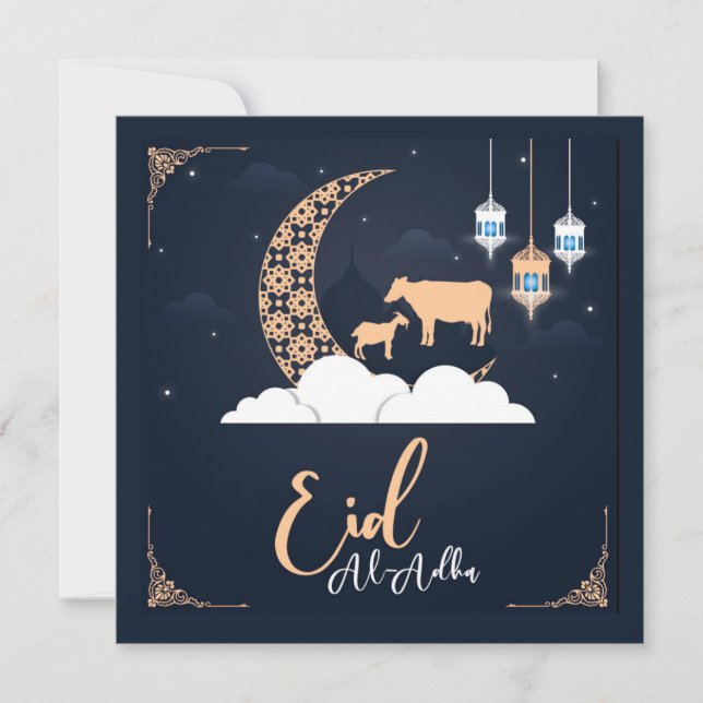 Cartão De Festividades Eid ul Adha Mubarak Crescent Goat Lanterna Islâmic (Frente)