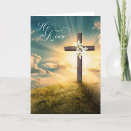 Cartão De Festividades Ele é Risen Christian Cross e Lily Páscoa
