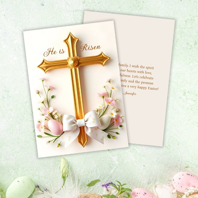 Cartão De Festividades Ele É Risen Páscoa Religiosa Cruzada Cristã (Elegant "He Is Risen" Easter Greeting Card – Christian Religious Flat Holiday Card)