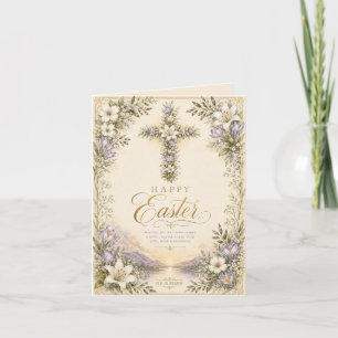 Cartão De Festividades Ele Ressuscitou Páscoa, Cruz Cristã Floral Elegant