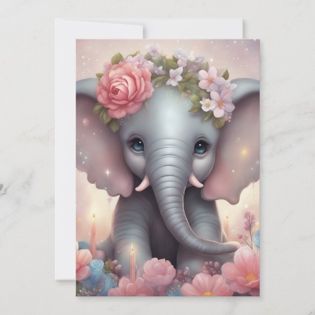 Cartão De Festividades Elefante Adorável para Bebês com Flores (Frente)