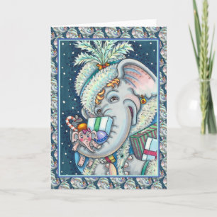 CARTÃO DE FESTIVIDADES ELEFANTE DE NATAL, TROMBA CHEIA DE PRESENTES E ALE