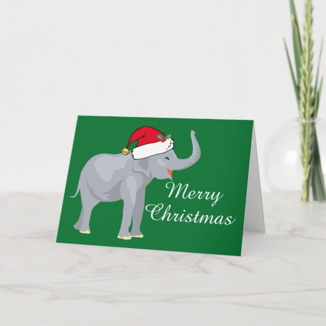 Cartão De Festividades Elefante Santa Hat Verde de Natal (Frente)